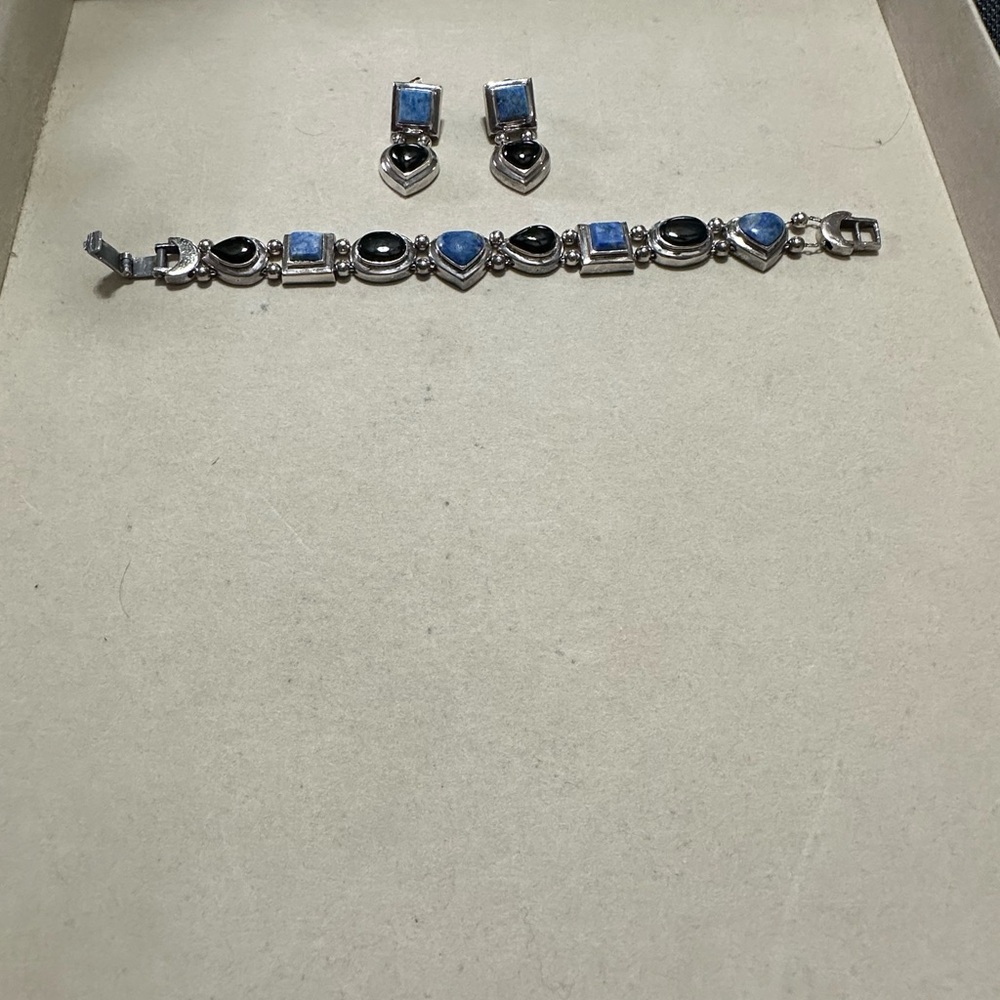 Vintage sterling silver bracelet and earrings with onyx and lapis stones.